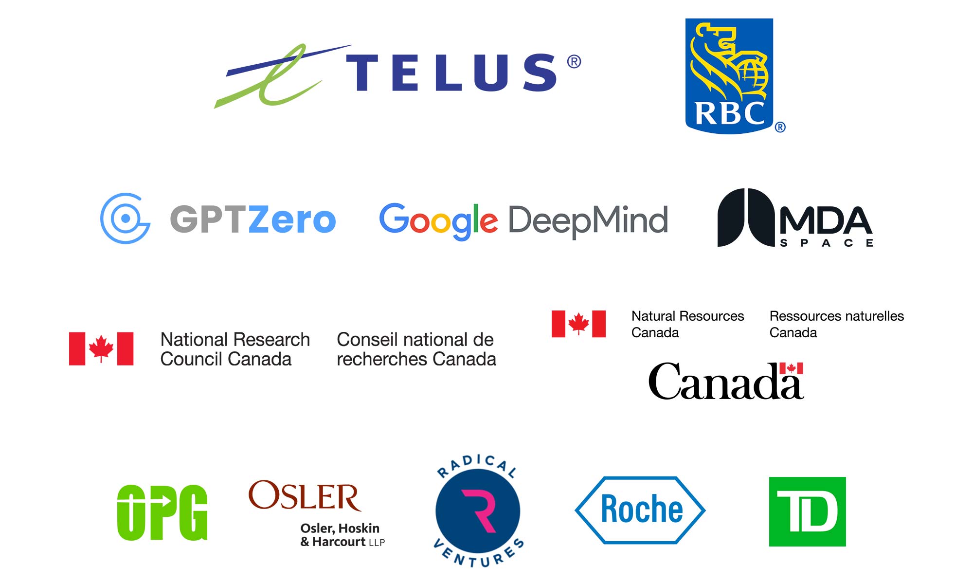 Telus, RBC, GPTZero, MDA Space, National Research Council Canada, Natural Resources Canada, OPG, Osler, Radical Ventures, Roche, TD